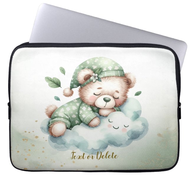 Green Boho Sleeping Teddy Bear Cute Laptop Sleeve (Front)