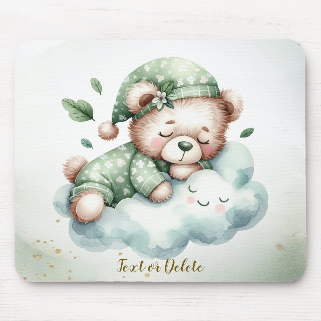 Green Boho Sleeping Teddy Bear Cute Mouse Mat (Front)