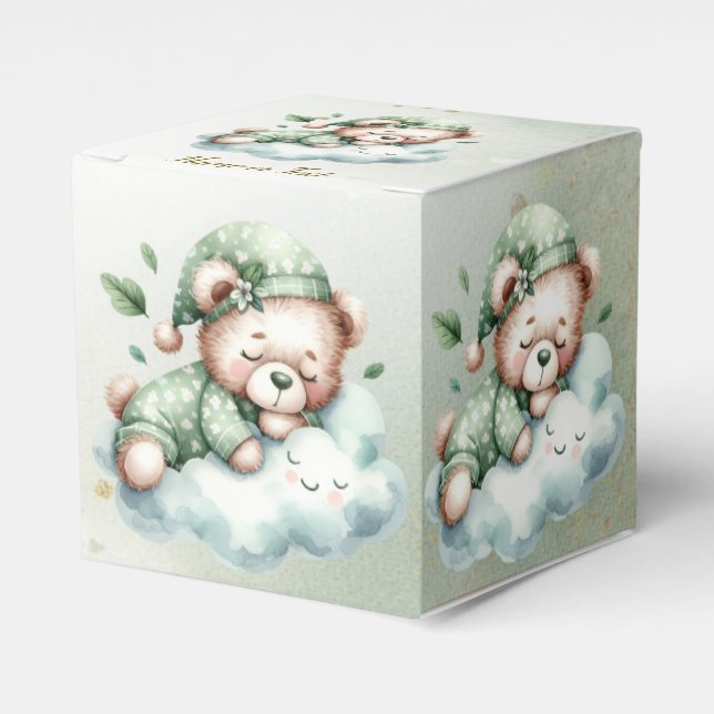 Green Boho Sleeping Teddy Bear Cute Party Favour Box (Front Side)