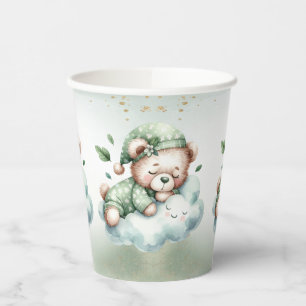 Green Boho Sleeping Teddy Bear Cute Party Paper Cups