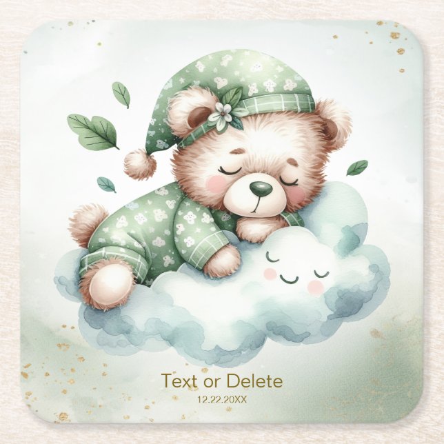 Green Boho Sleeping Teddy Bear Cute Party Square Paper Coaster (Front)