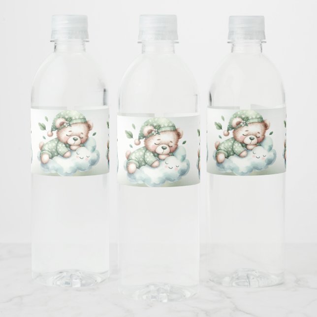 Green Boho Sleeping Teddy Bear Cute Party Water Bottle Label (Bottles)