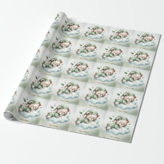 Green Boho Sleeping Teddy Bear Cute Party Wrapping Paper