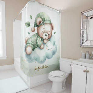Green Boho Sleeping Teddy Bear Cute Shower Curtain