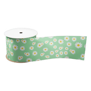 Green Boho Spring Daisies Pattern Satin Ribbon