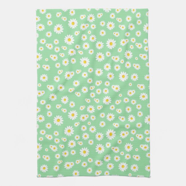 Green Boho Spring Daisies Pattern Tea Towel (Vertical)
