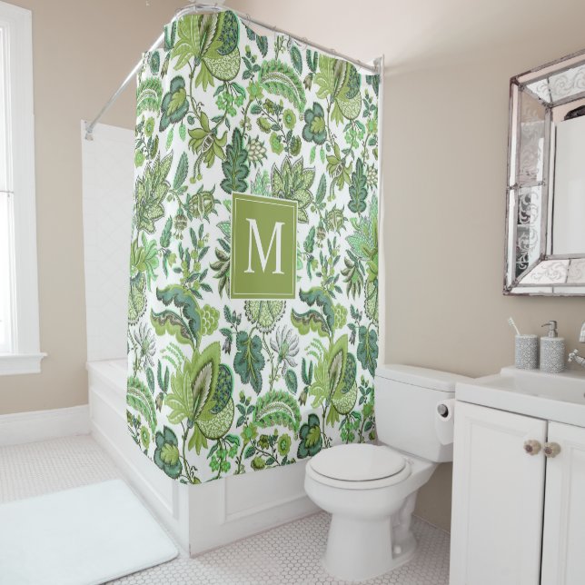 Green Boho Vintage Floral Monogram Shower Curtain (In Situ)