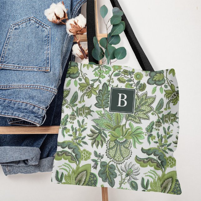 Green Boho Vintage Floral Monogram Tote Bag (Creator Uploaded)