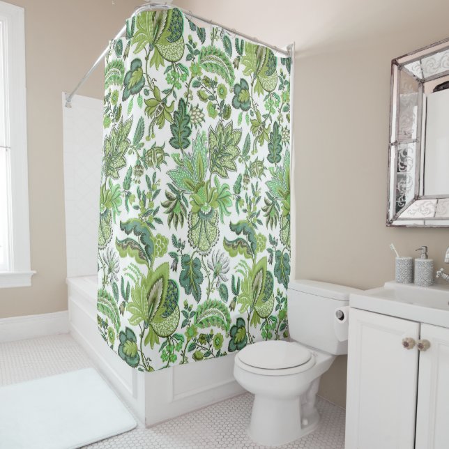 Green Boho Vintage Floral Print Shower Curtain (In Situ)