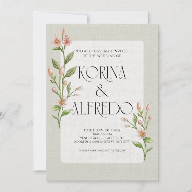 Green Boho Watercolor Botanical Wedding Invitation (Front)