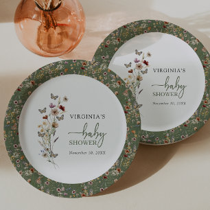 Green Boho Wildflower Baby Shower Paper Plate