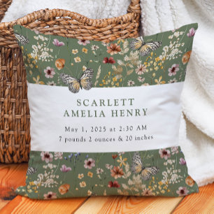 Green Boho Wildflower Baby Stats Cushion