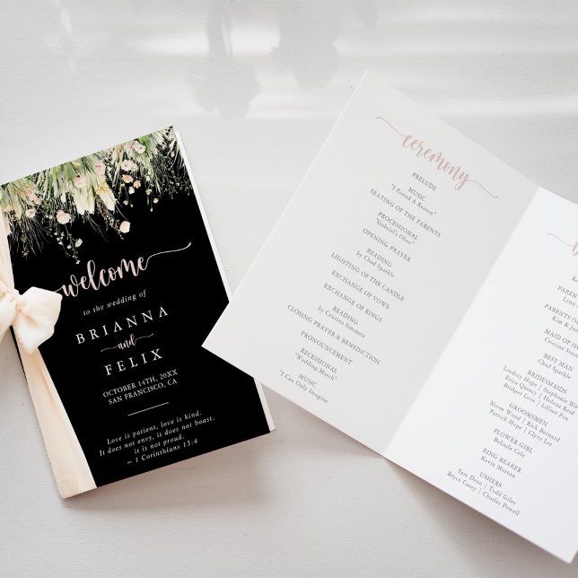 Green Boho Wildflower Black Folded Wedding Program Programme (Creator Uploaded)