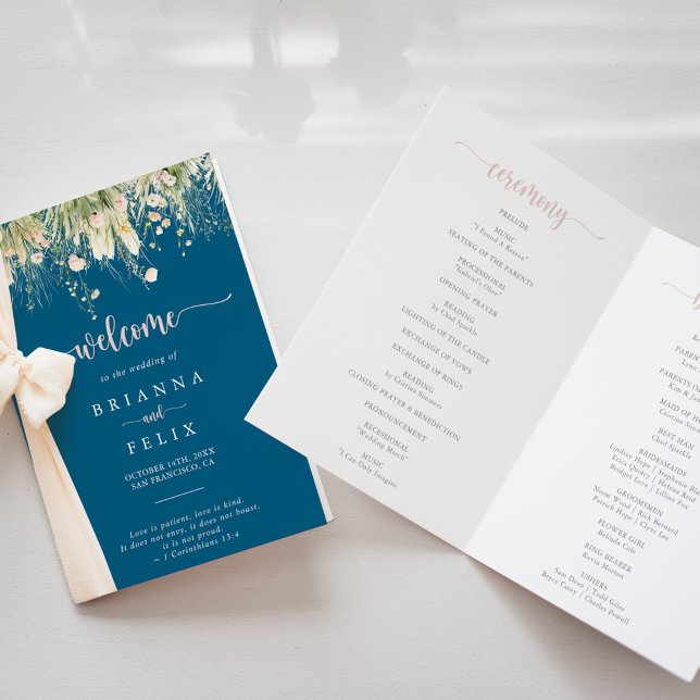 Green Boho Wildflower Navy Folded Wedding Program Programme (Creator Uploaded)