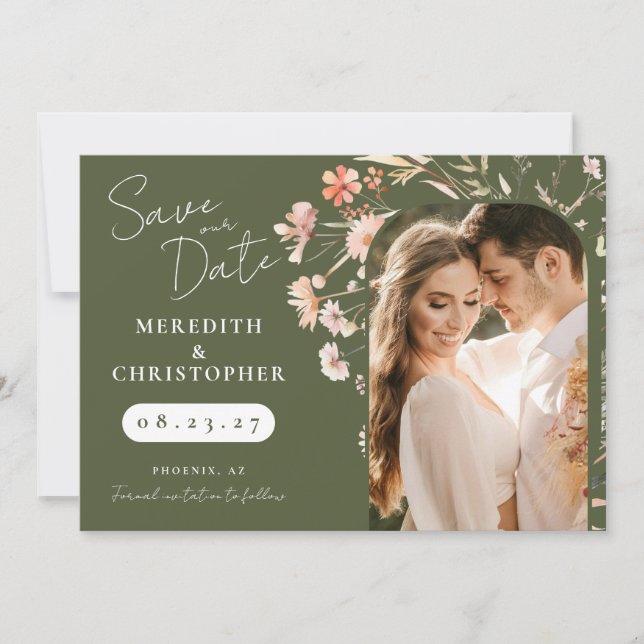 Green Boho Wildflowers Wedding Photo Save The Date (Front)