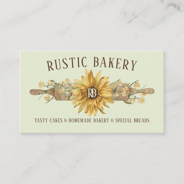 Green Boho Wood Rolling Pin Sunflower Bakery Business Card (Front)
