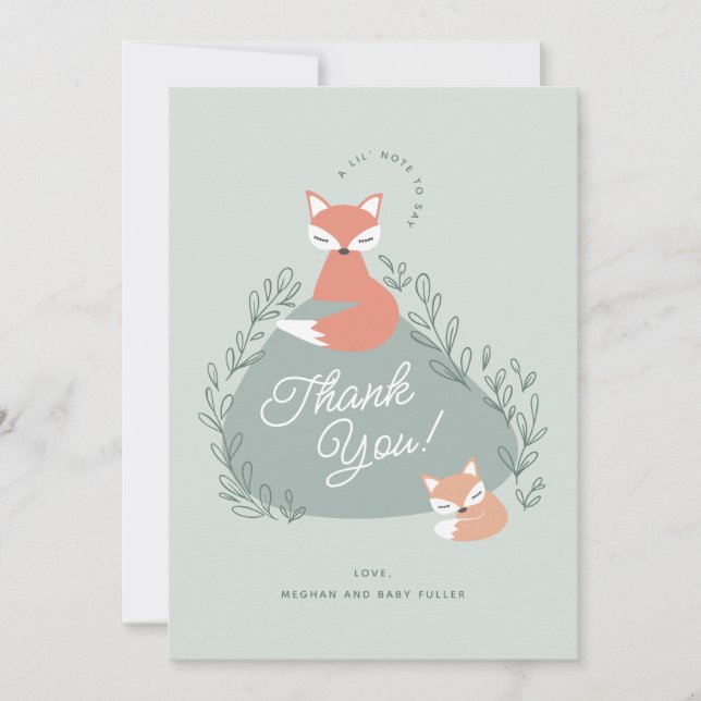 Green Boho Woodland Foxes Baby Shower Flat Thank You Card (Front)