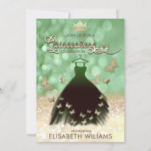 Green bokeh butterfly dress Quinceañera Invitation