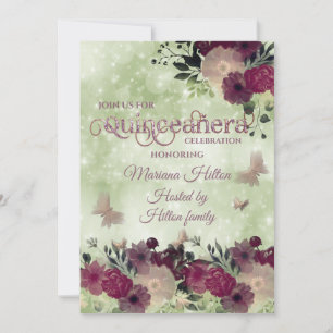 Green bokeh butterfly floral garden Quinceañera Invitation