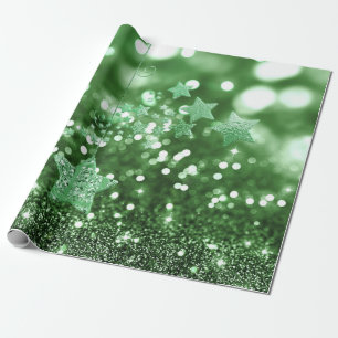 Green Bokeh Faux Glitter & Stars Wrapping Paper