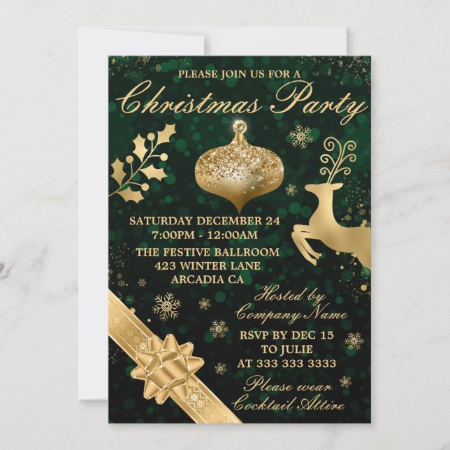 Green bokeh & Gold Bauble & Ribbon Christmas Party Invitation (Front)