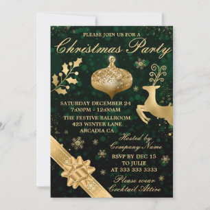 Green bokeh & Gold Bauble & Ribbon Christmas Party Invitation
