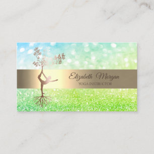 Green Bokeh Gold Tree Silhouette Yoga Instructor Business Card