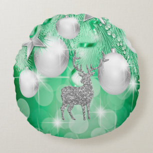 Green Bokeh Ornament Balls Silver Reindeer Round Cushion