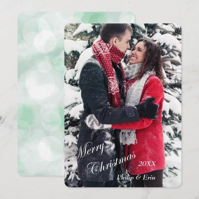 Green Bokeh White Typography Modern Christmas Holiday Card (Front/Back)