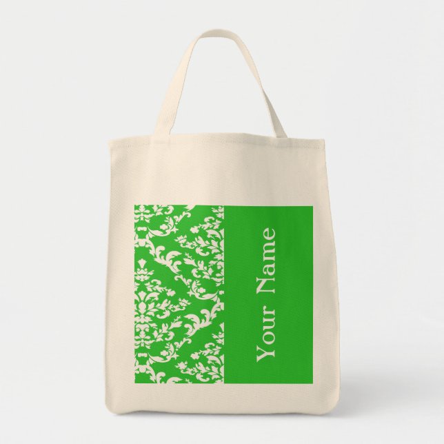 Green Bold Damask w/ name @ Emporiomoffa Tote Bag (Front)