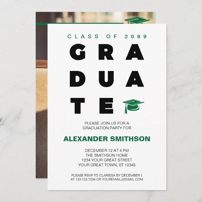 Green Bold GRADUATE Letters and Cap Graduation Invitation (Front/Back)