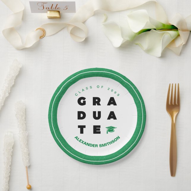 Green Bold GRADUATE Letters and Cap Graduation Paper Plate (Wedding)