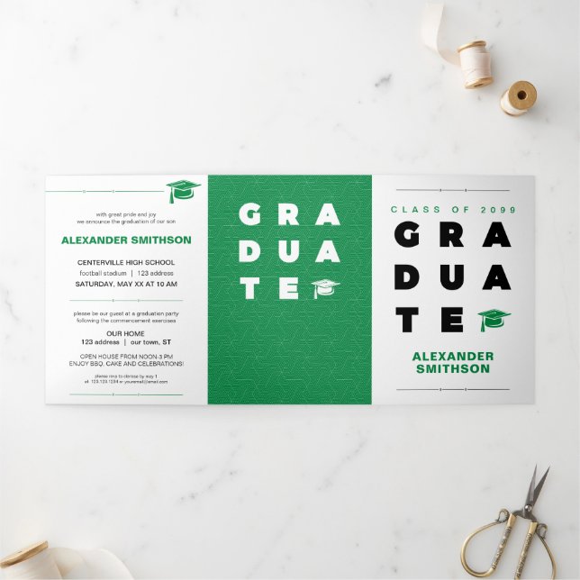 Green Bold GRADUATE Letters and Cap Graduation Tri-Fold Announcement (Outside)