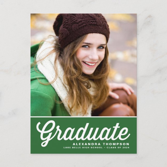 Green Bold Retro Script Photo Graduation Postcard (Front)