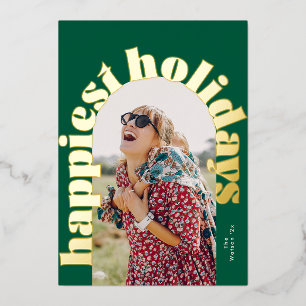 green bold typography flat photo happiest gold foil holiday card