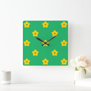 Green Bold Y2K Wildflower Vibrant Home Decor Square Wall Clock