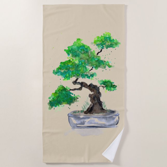 Green Bonsai Watercolor Beige Beach Towel (Front)