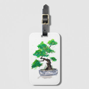 Green Bonsai Watercolor Luggage Tag