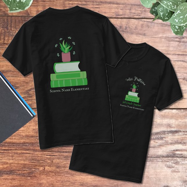 Green Books and Plant Teacher T-shirt with Name (Green Book and Houseplant School Staff T-shirt)