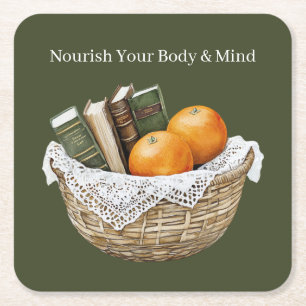 Green Books & Oranges Fruit Nourishment Square Paper Coaster