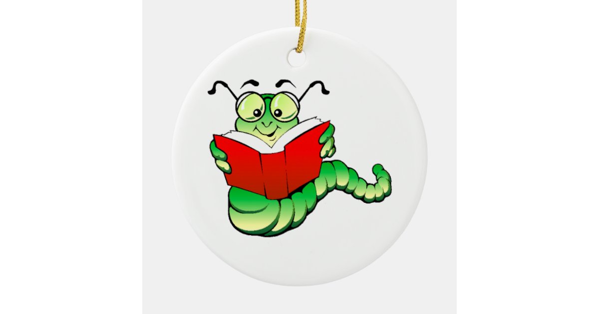 Green Bookworm with Glasses Reading a Red Book Ceramic Tree Decoration ...