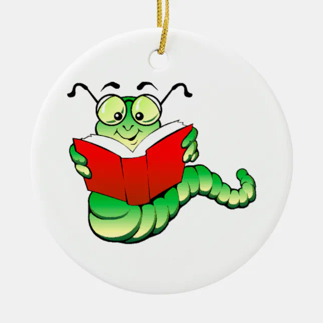 Green Bookworm with Glasses Reading a Red Book Ceramic Tree Decoration ...