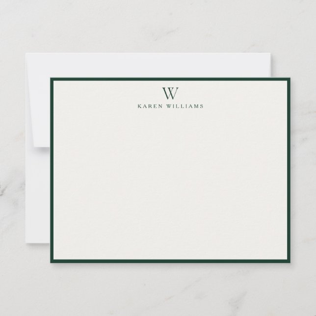 Green Border Monogram Stationery Note Card (Front)