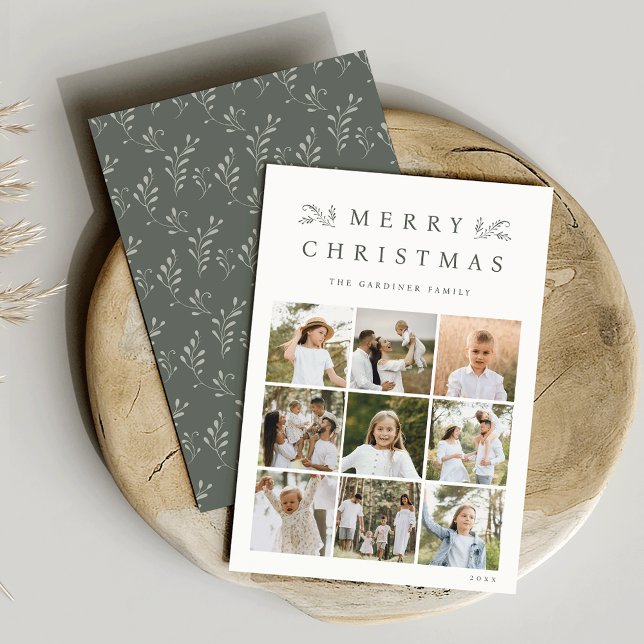 Green Botanical 9 Photo Grid Collage Holiday Card (Creator Uploaded)