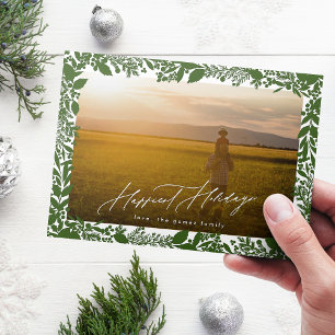 Green Botanical Christmas Frame Photo Happiest Holiday Card