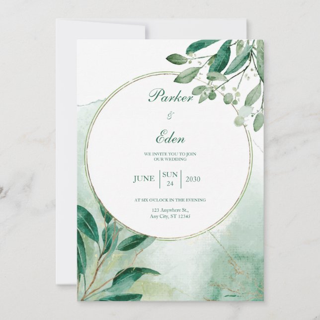 Green Botanical Circle Watercolor Wedding Invitation (Front)