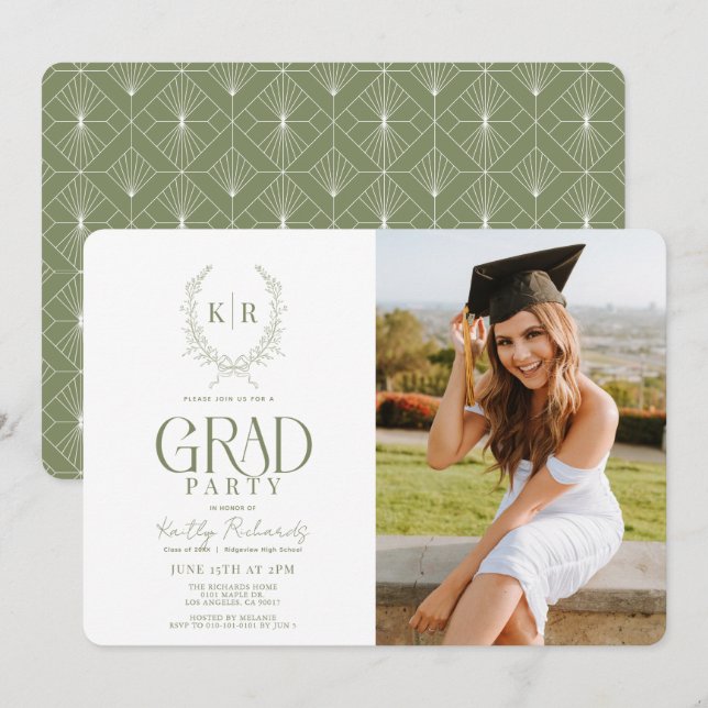 Green Botanical Crest Monogram Graduation Photo Invitation (Front/Back)