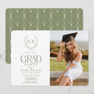 Green Botanical Crest Monogram Graduation Photo Invitation