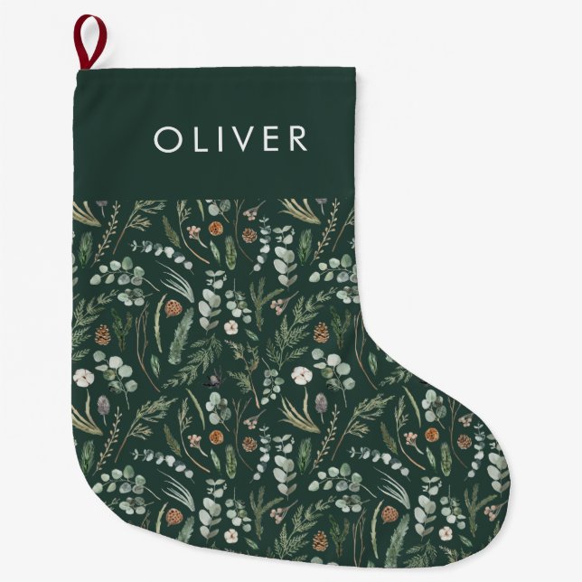 Green botanical elegant modern family gift large christmas stocking (Front)