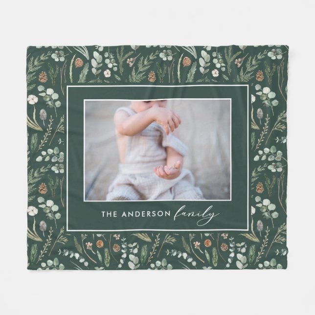 Green botanical elegant modern family photo fleece blanket (Front (Horizontal))